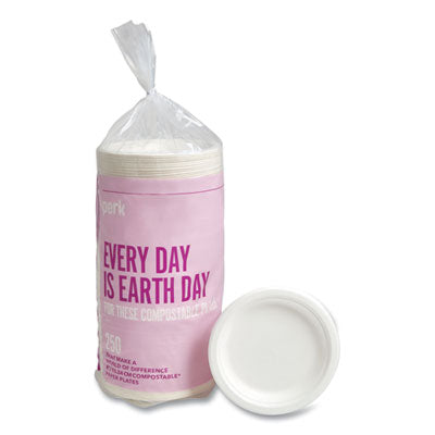 PRK61286 PFAS-Free Compostable Bagasse Plates, Sugarcane, 6" dia, White, 250/Pack