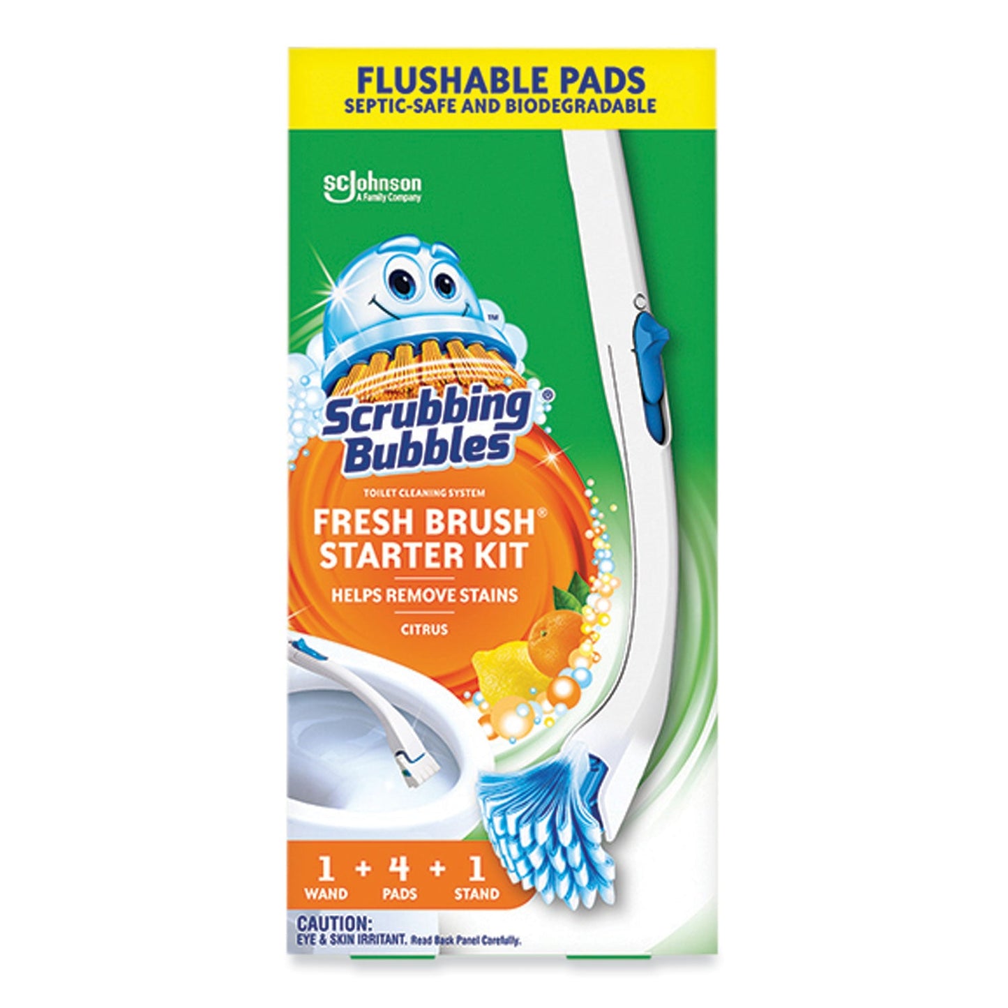 SJN301822 Fresh Brush Toilet Cleaning System Starter Kit, 19" Wand, 4 Pads, Stand Scrubbing Bubbles