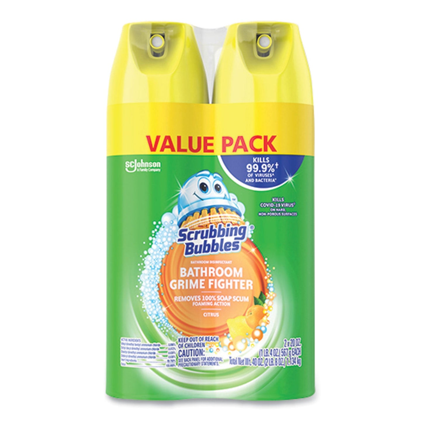 SJN306381 Bathroom Disinfectant Grime Fighter Aerosol, Citrus Scent, 20 oz Aerosol Can, 2/Pack Scrubbing Bubbles