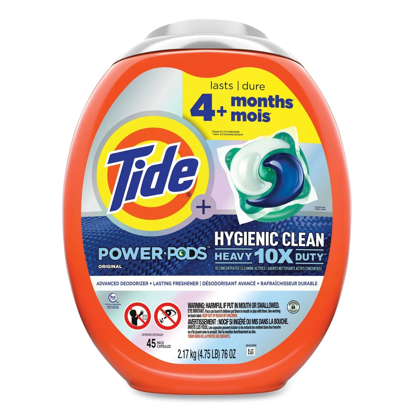 PGC09163 Hygienic Clean Heavy 10x Duty Power Pods, HE Compatible, Original Scent, 66 oz Tub, 45 Pods, 4/Carton Tide