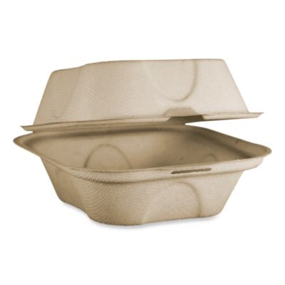 WORTOSCU15BLFP Fiber Hinged Takeout Containers, Burger Box, 6.5 x 6 x 3.2, Natural, Paper, 500/Carton WORLD CENTRIC