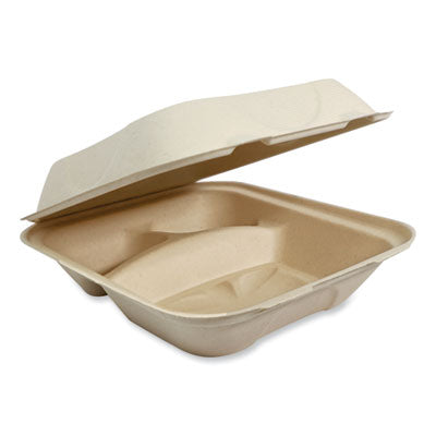 WORTOSCU8TLFP Fiber Hinged Takeout Containers, 3 Compartments, 8.8 x 8.2 x 2.9, Natural, Paper, 300/Carton WORLD CENTRIC