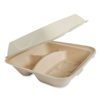 WORTOSCU9TLFP Fiber Hinged Takeout Containers, 3-Compartment, 9.3 x 9 x 3.3, Natural, Paper, 300/Carton WORLD CENTRIC