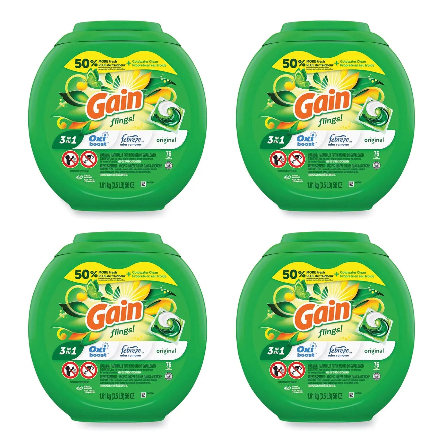 PGC09207CT Flings Detergent Pods, Original, 76 Pods/Tub, 4 Tubs/Carton Gain