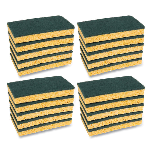BWK174 Medium-Duty Scrubbing Sponge, Individually Wrapped, 3.6 x 6.1, 0.75" Thick, Yellow/Green, 20/Carton