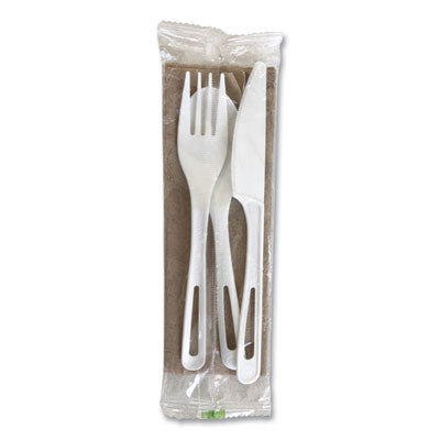 WORASPSTNL TPLA Wrapped Cutlery, Ribbed, Fork/Knife/Napkin/Spoon, Plastic, White, 250/Carton