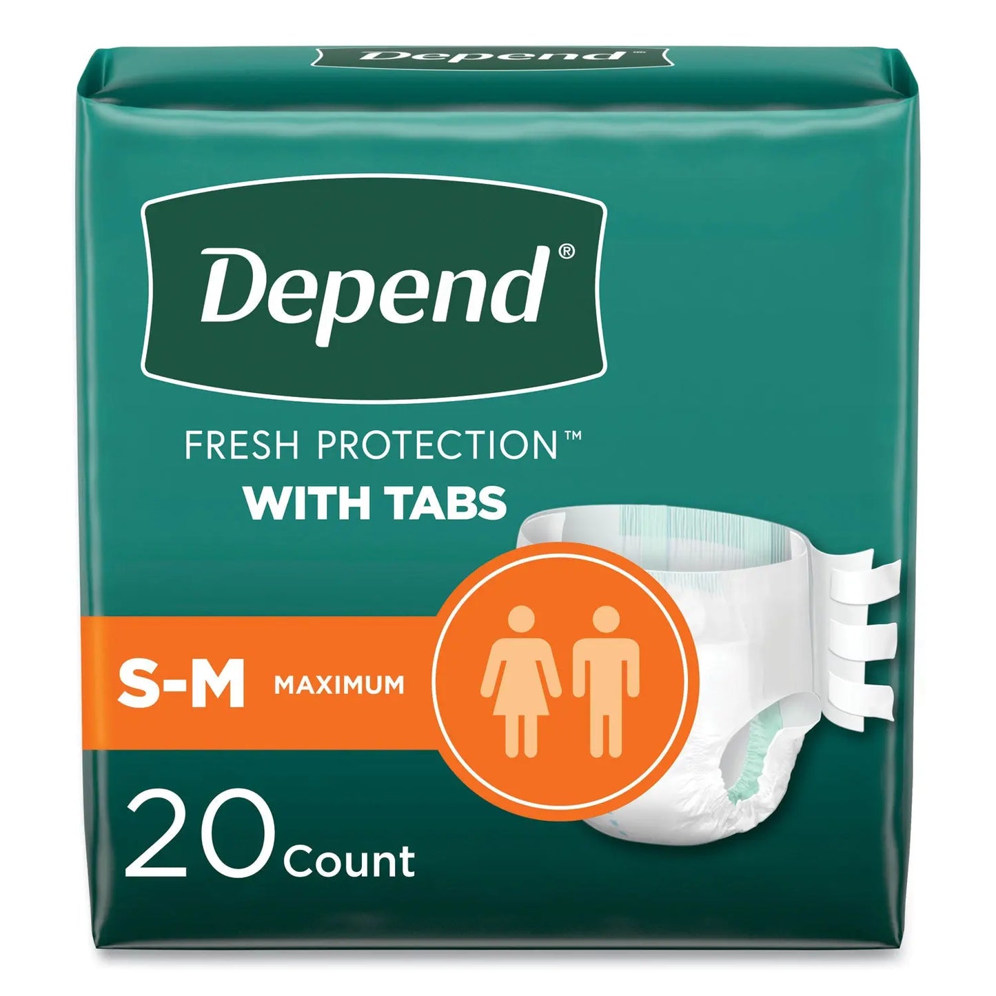 KCM35456 Incontinence Protection with Tabs, Small/Medium, 19" to 34" Waist, 20/Pack, 3 Packs/Carton Depend
