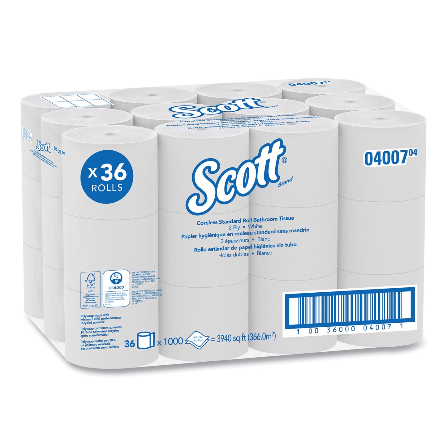 KCC04007 Essential Coreless SRB Bathroom Tissue, Septic Safe, 2-Ply, White, 1,000 Sheets/Roll, 36 Rolls/Carton