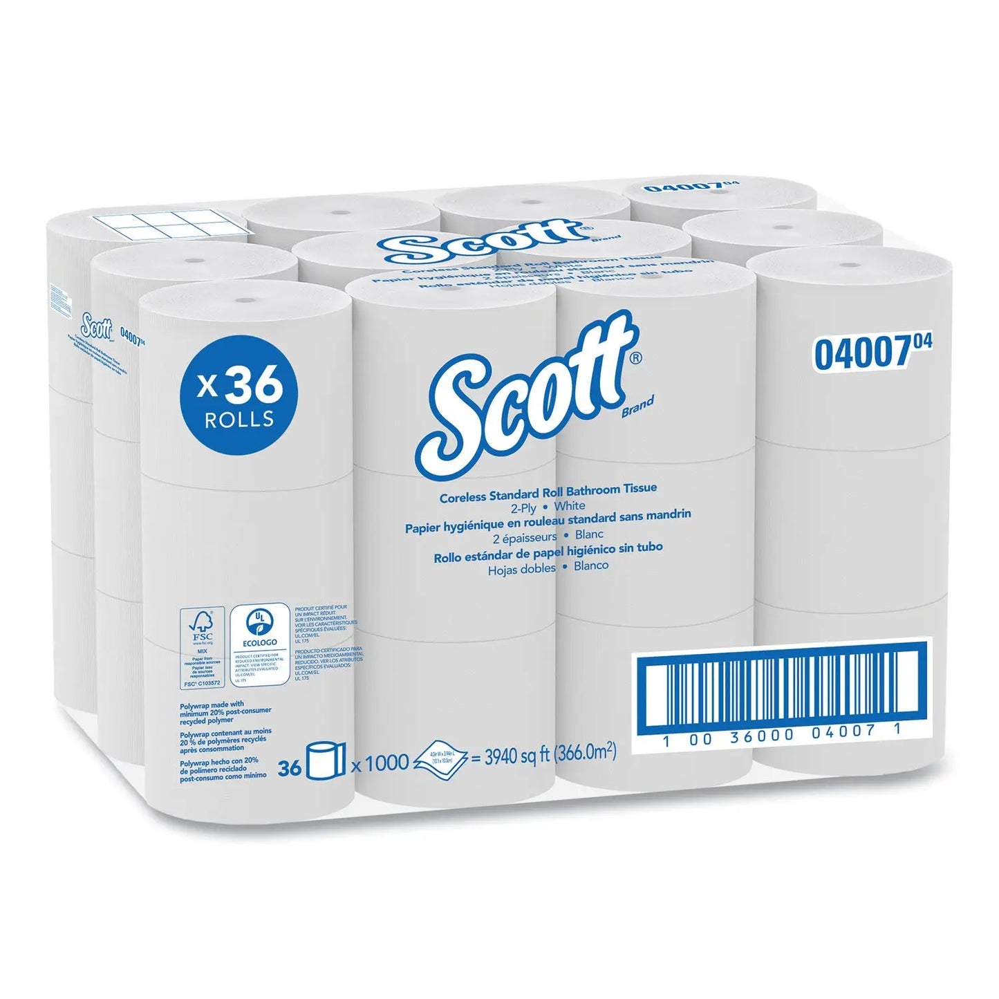 KCC04007 Essential Coreless SRB Bathroom Tissue, Septic Safe, 2-Ply, White, 1,000 Sheets/Roll, 36 Rolls/Carton Scott