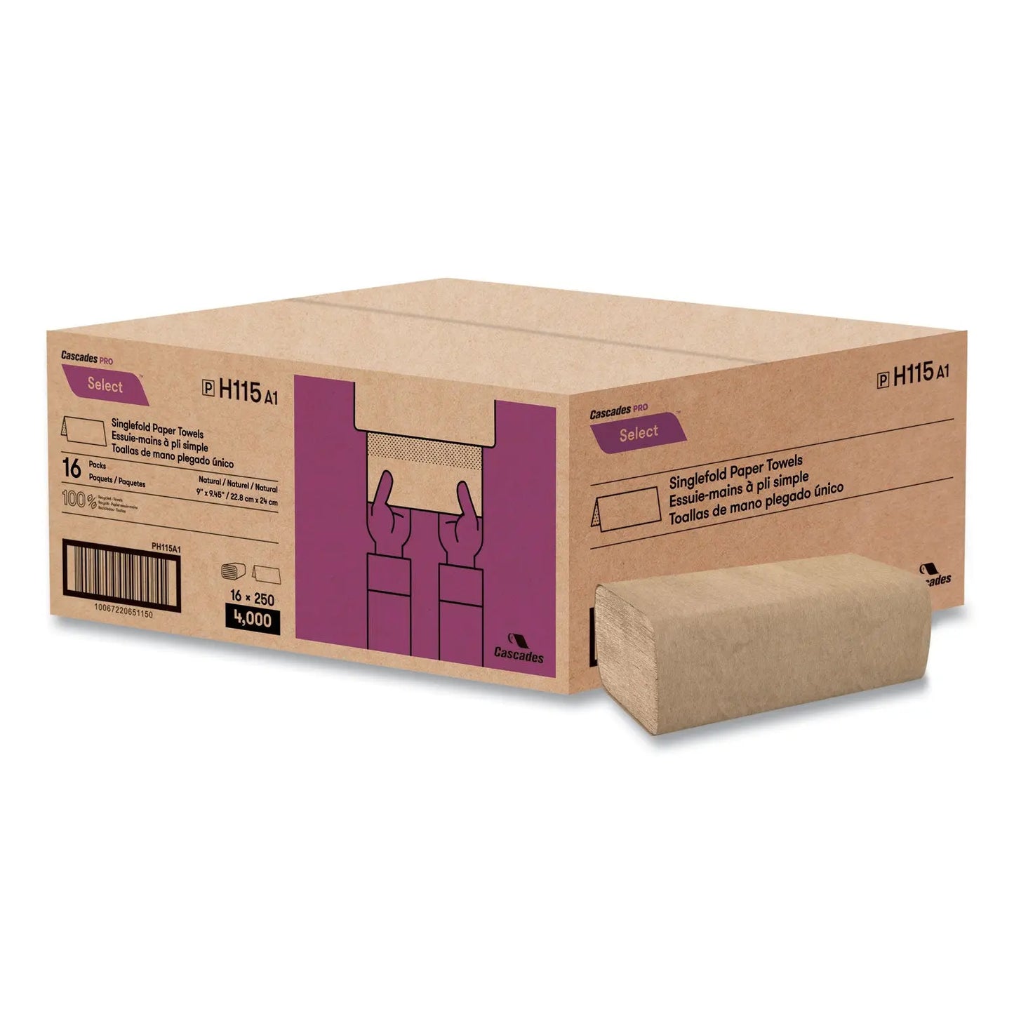 CSDH115 Select Folded Paper Towels, Single-Fold, 1-Ply, 9 x 9.45, Natural Brown, 250/Pack, 16 Packs/Carton Cascades PRO