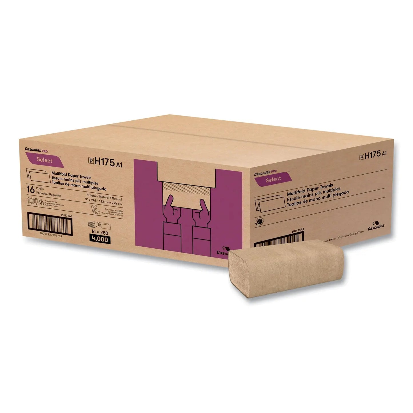CSDH175 Select Folded Towels, Multifold, 1-Ply, 9 x 9.45, Natural, 250/Pack, 16 Packs/Carton Cascades PRO