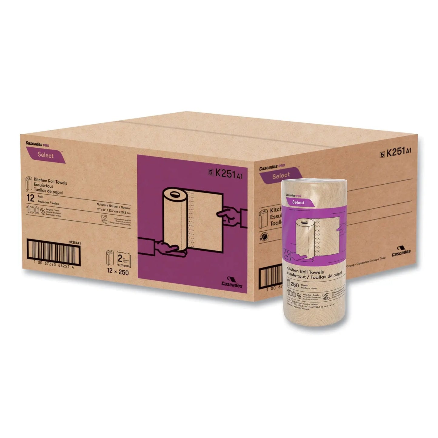 CSDK251 Select Kitchen Roll Towels, 2-Ply, 11" X 166.6 Ft, Natural, 250/roll, 12/carton Cascades PRO
