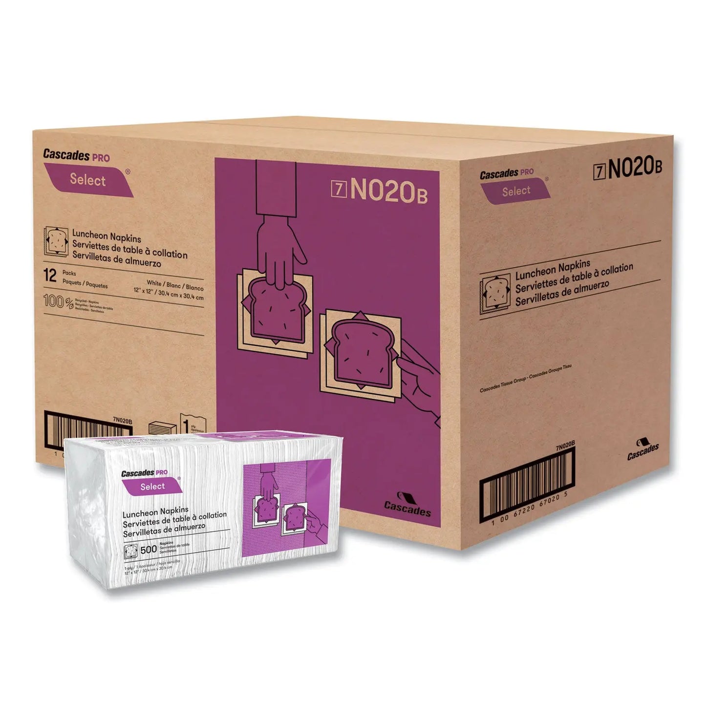 CSDN020 Select Single Serve Luncheon Napkins, 1-Ply, 12 x 12, White, 500/Pack, 6,000/Carton Cascades PRO