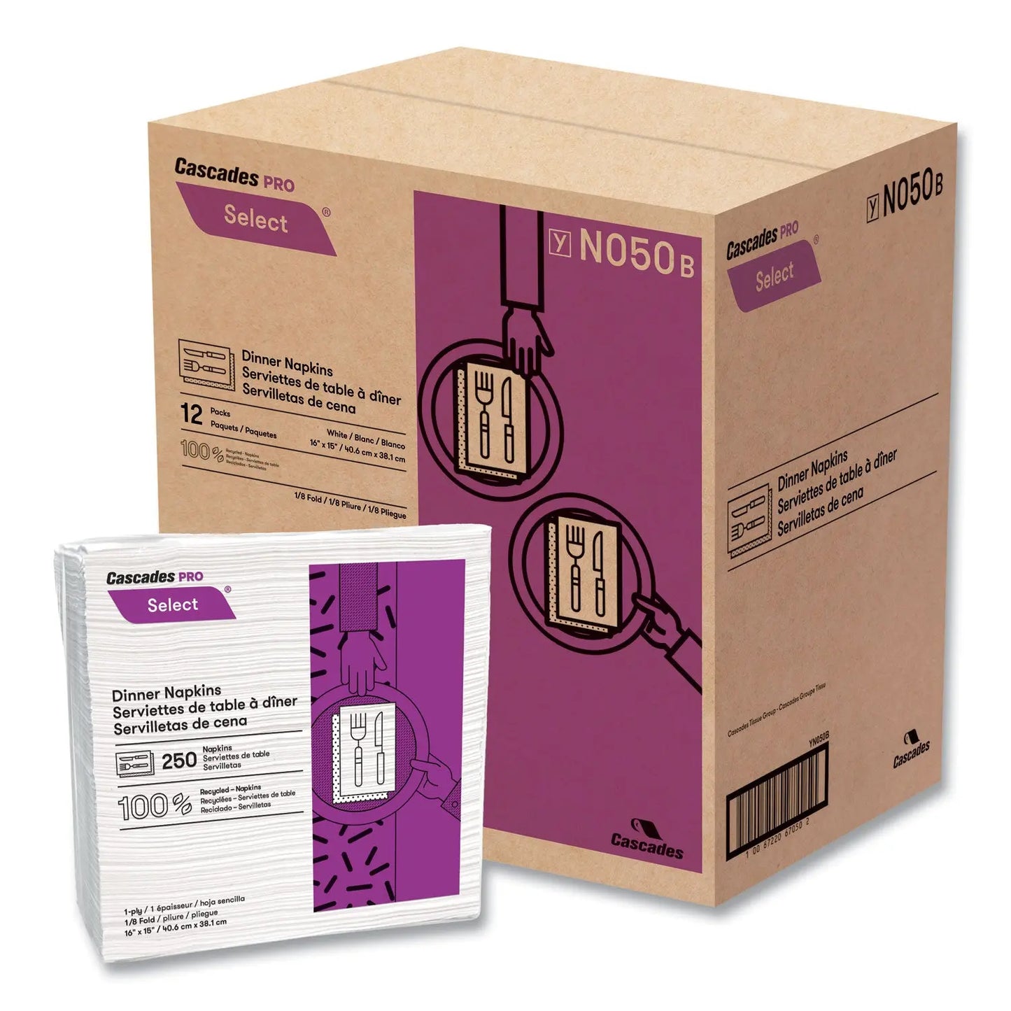 CSDN050 Select Dinner Napkins, 1-Ply, 16 x 15, White, 250/Pack, 12/Carton Cascades PRO