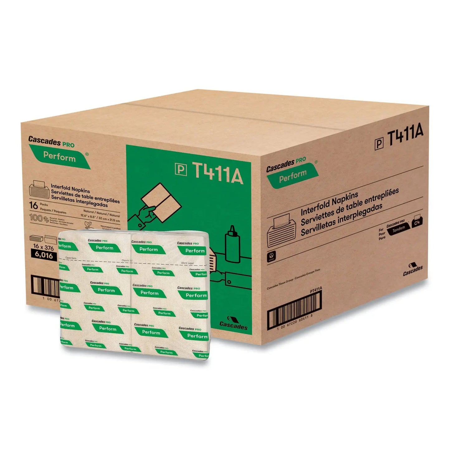 CSDT411 Perform Interfold Napkins, 1-Ply, 12.63 x 8.5, Natural, 376/Pack, 16 Packs/Carton Cascades PRO