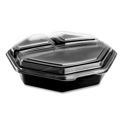 SCC864628PS94 OctaView Hinged-Lid Cold Food Containers, 3 Compartments, 36 oz, 9.57 x 9.2 x 2.4, Black/Clear, Plastic, 100/Carton