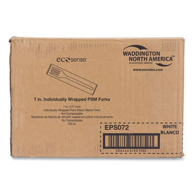 WNAEPS072 EcoSense Renewable Plant Starch Cutlery, Individually Wrapped, Mediumweight Fork, Plastic, Natural, 750/Carton