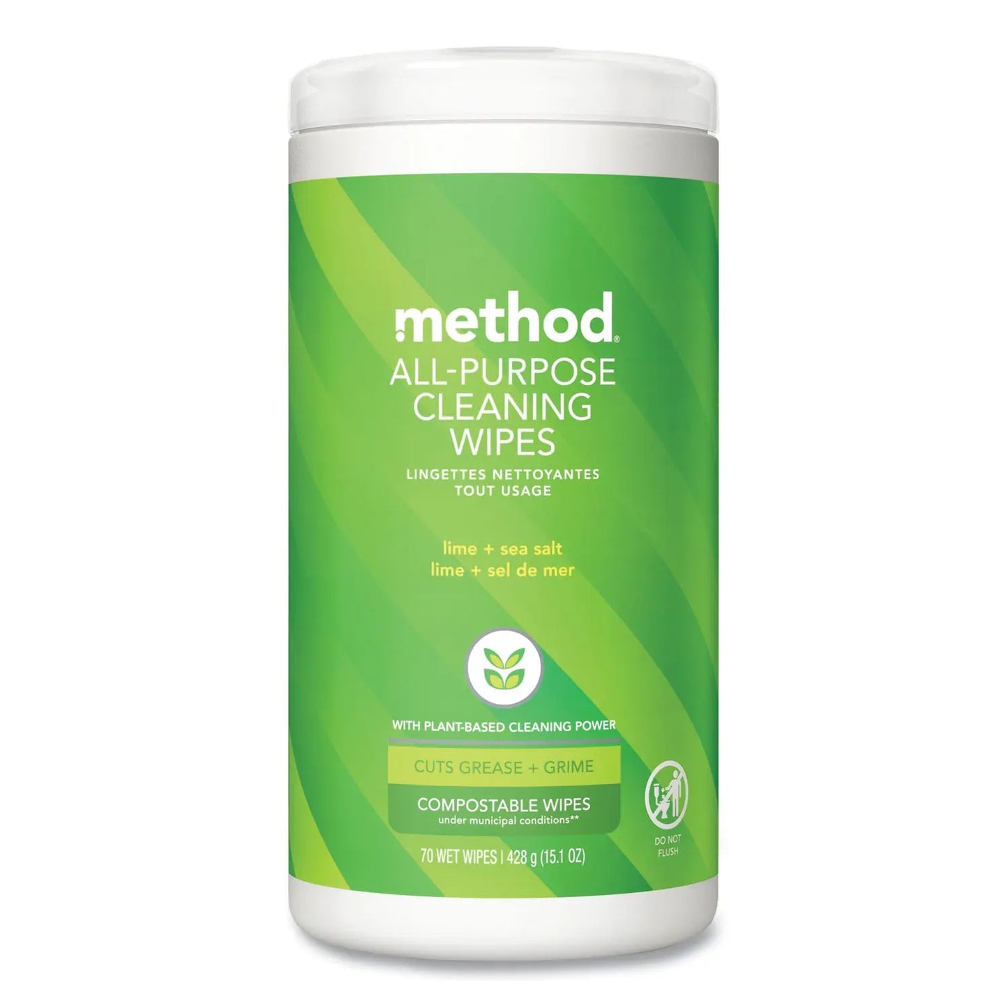 MTH338525 All Purpose Cleaning Wipes, 1 Ply, Lime and Sea Salt, White, 70/Canister, 6/Carton Method