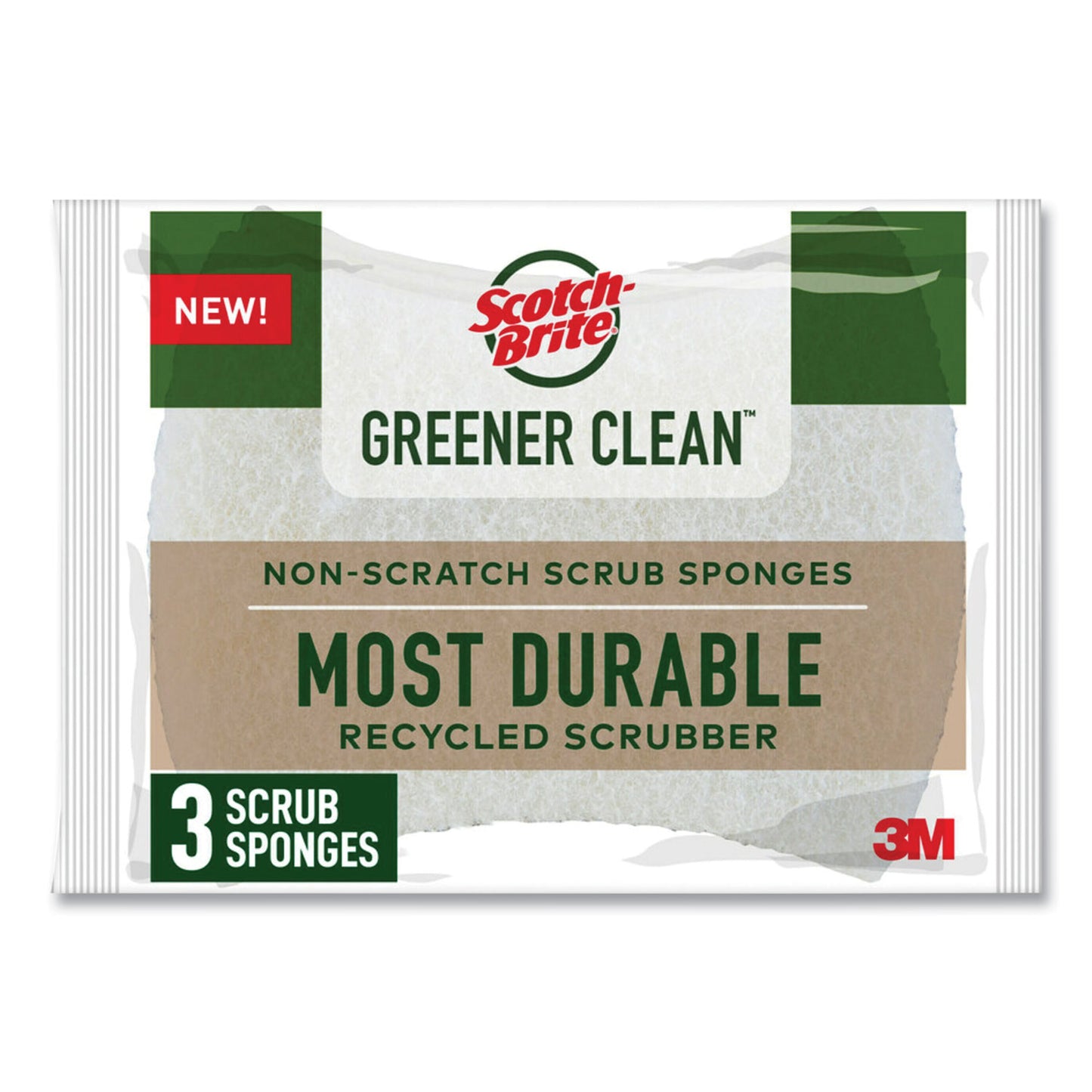 MMM97033UG Greener Clean Non-Scratch Scrub Sponge, 2.6 x 3.3, 0.7" Thick, White, 3/Pack