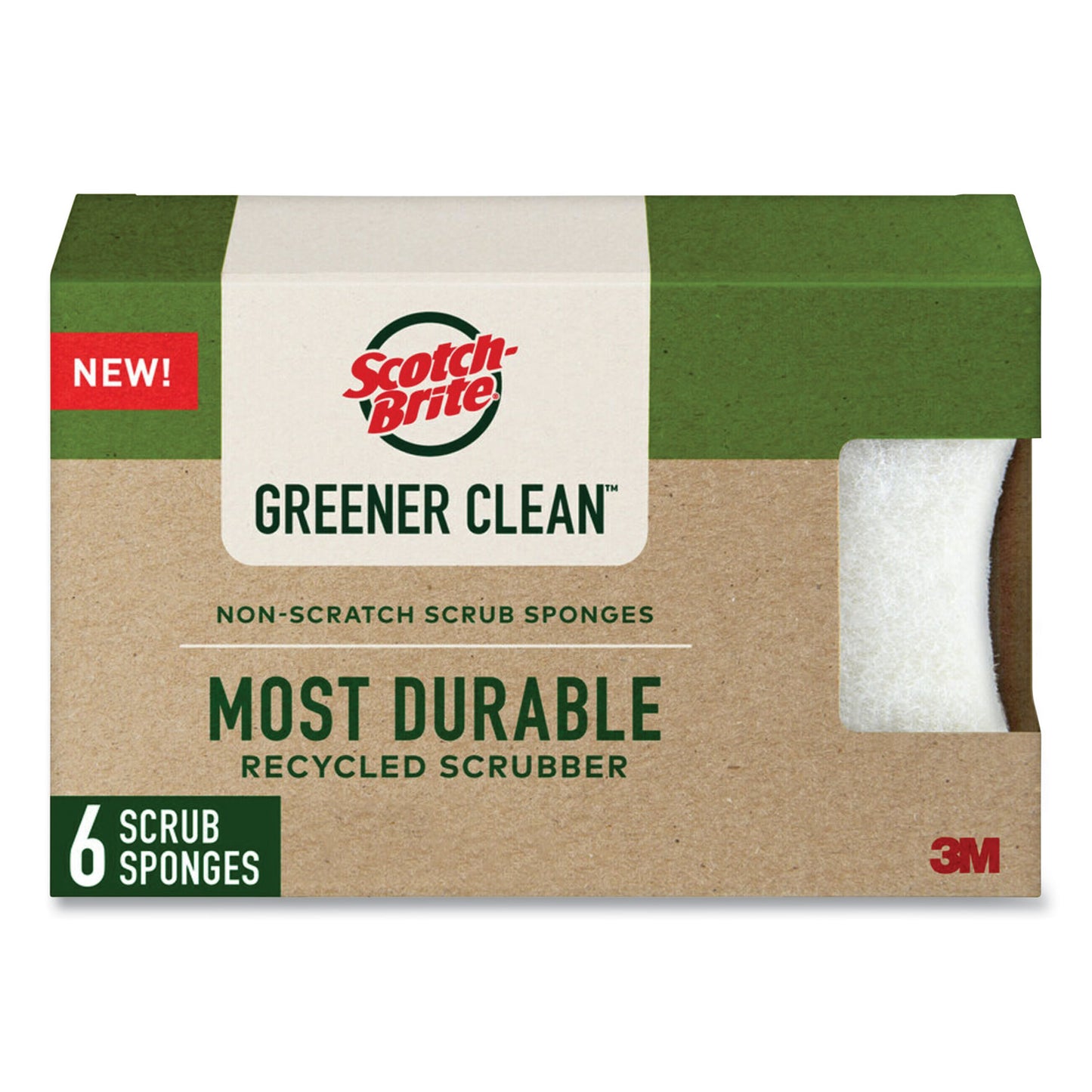 MMM97036UG Greener Clean Non-Scratch Scrub Sponge, 2.6 x 3.3, 0.7" Thick, White, 6/Pack