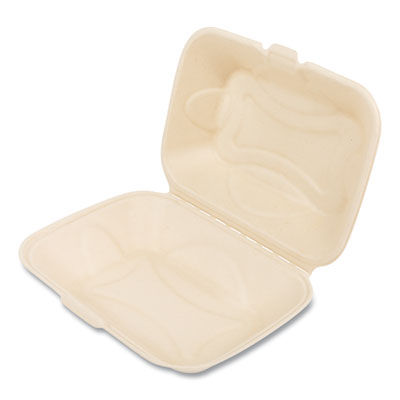 BWKHINGE96NPFA Bagasse PFAS-Free Food Containers, Hoagie/Hinged Lid, 6 x 3 x 9, Tan, Sugarcane, 250/Carton BOARDWALK