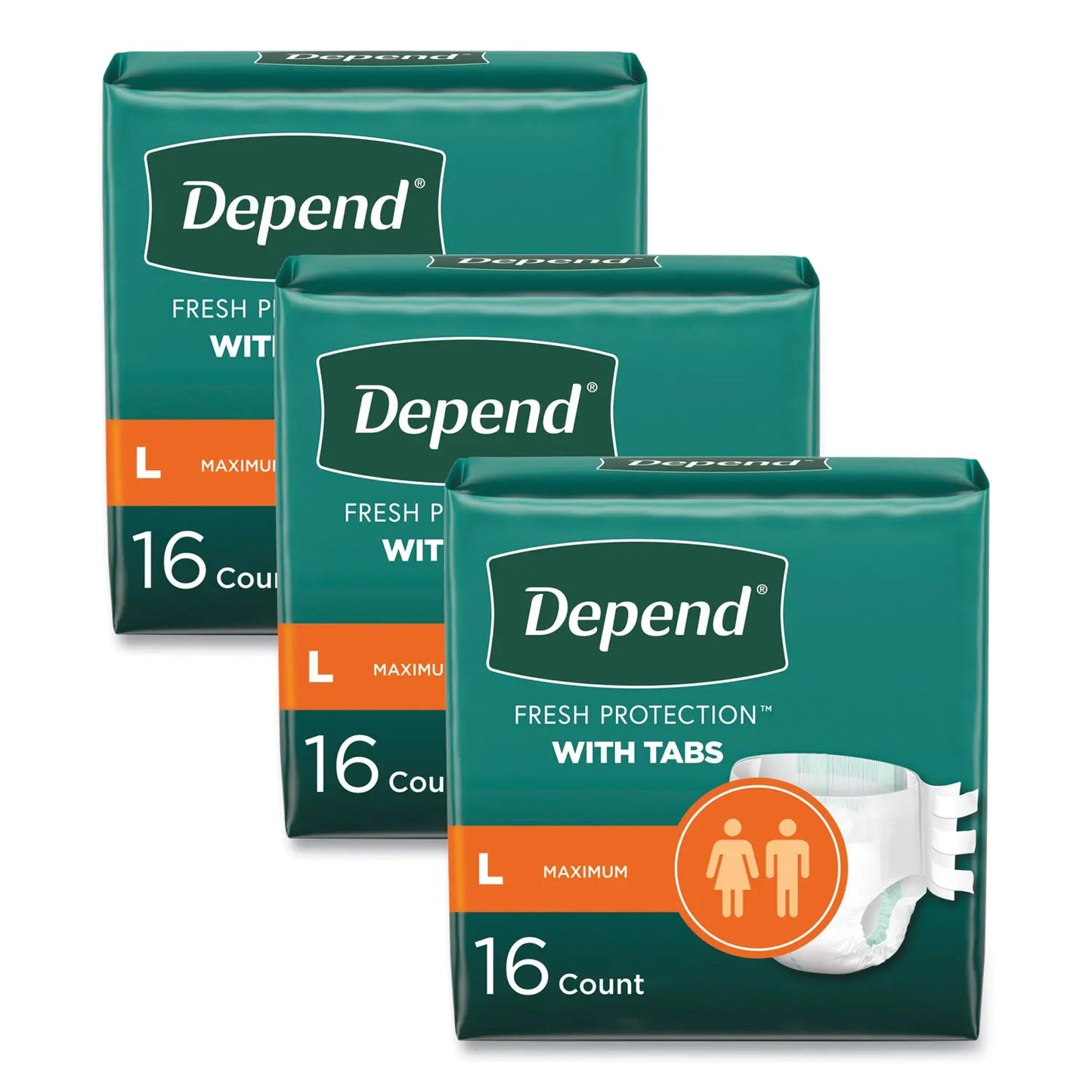 KCM35458 Incontinence Protection with Tabs, 35" to 49" Waist, 16/Pack, 3 Packs/Carton Depend