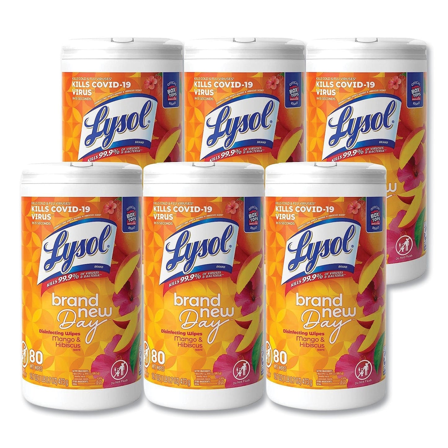 RAC97181 Disinfecting Wipes, 1-Ply, 7 x 7.25, Mango and Hibiscus, White, 80 Wipes/Canister, 6 Canisters/Carton LYSOL Brand