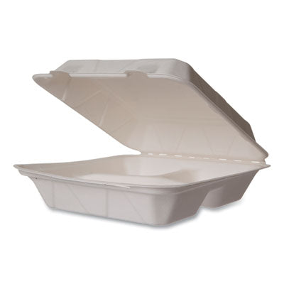 VEGWHBRG93HW White Molded Fiber Clamshell Containers, Compostable, 3 Compartments, 9 x 18 x 2, White, Sugarcane, 200/Carton