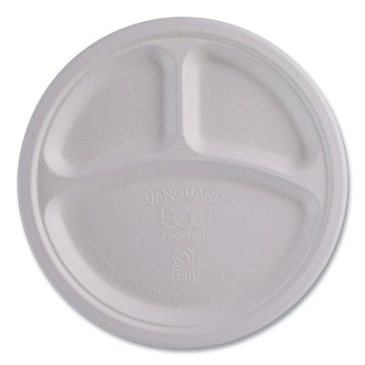 ECOEPP007NFA Vanguard Renewable and Compostable Sugarcane Plates, 3-Compartment Plate, 10" dia, White, 500/Carton