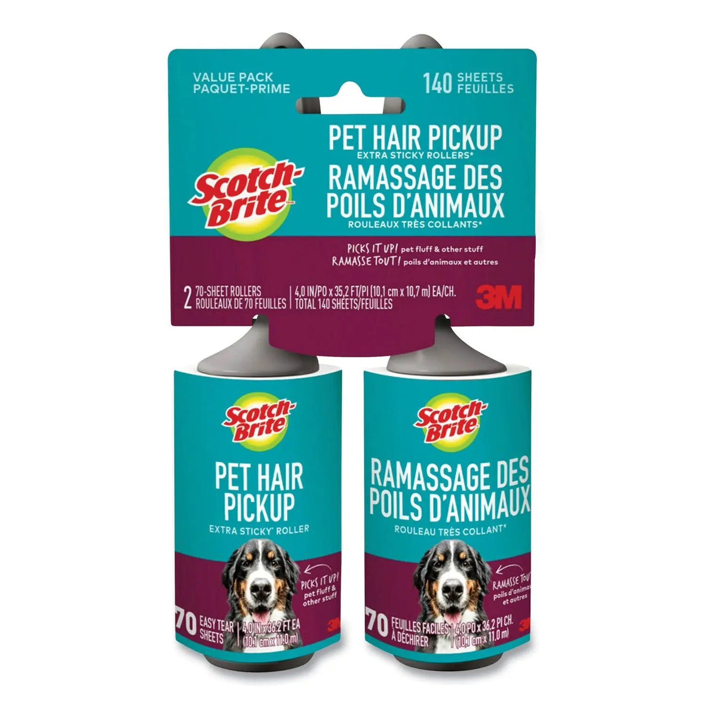 MMM839RS70TP Pet Hair Pickup Lint Roller, 70 Sheets/Roll, 2/Pack Scotch-Brite