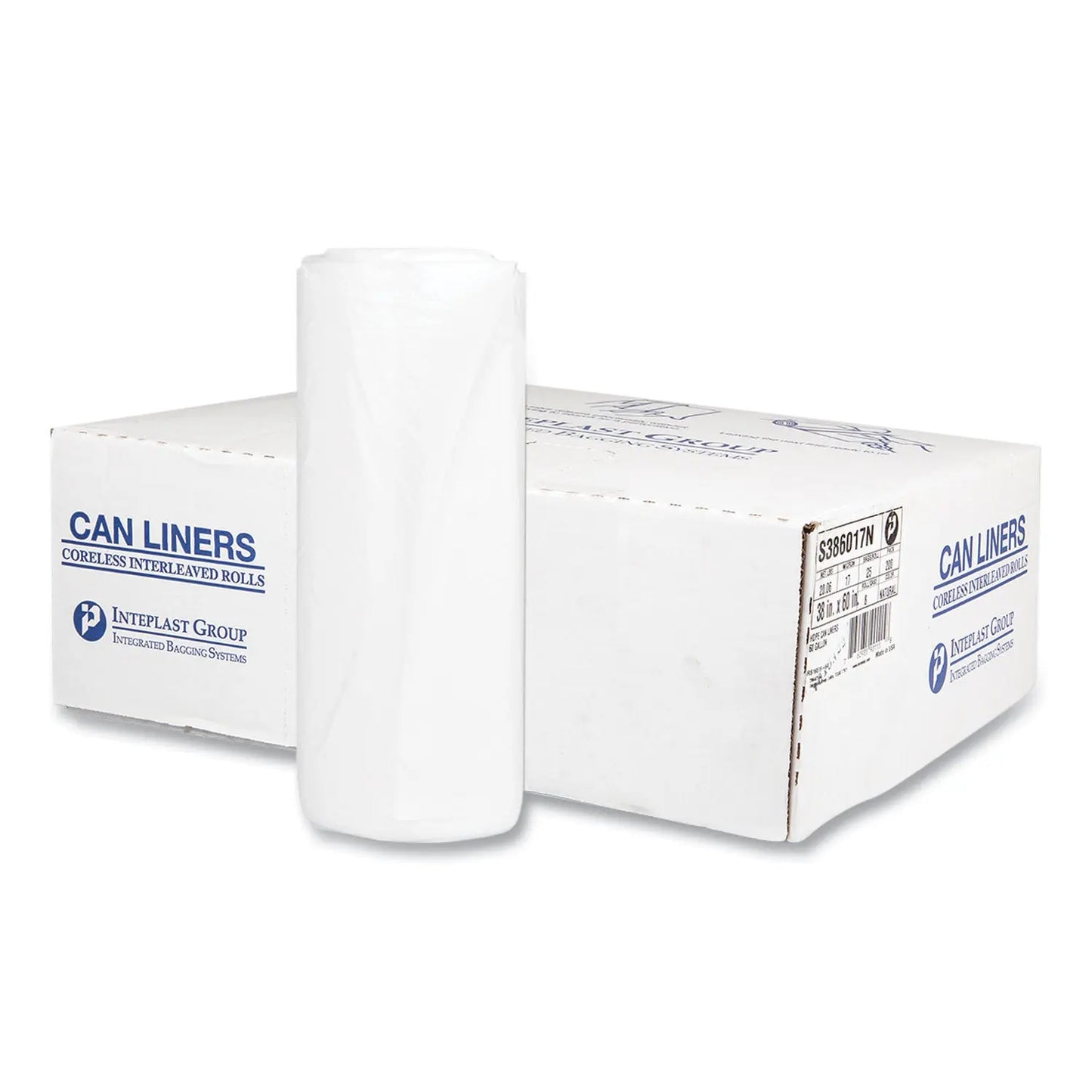 IBSS386017N High-Density Commercial Can Liners, 60 Gal, 17 mic, 38" x 60", Clear, Interleaved Roll, 25 Bags/Roll, 8 Rolls/Carton Inteplast Group