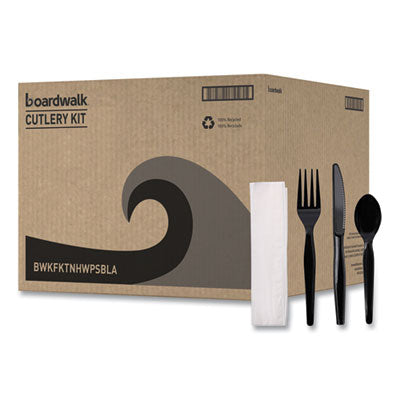 BWKFKTNHWPSBLA Four-Piece Cutlery Kit, Heavyweight, Fork/Knife/Napkin/Spoon, Plastic, Black, 250/Carton BOARDWALK