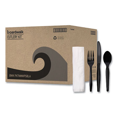 BWKFKTNMWPSBLA Four-Piece Cutlery Kit, Mediumweight, Fork/Knife/Napkin/Spoon, Plastic, Black, 250/Carton