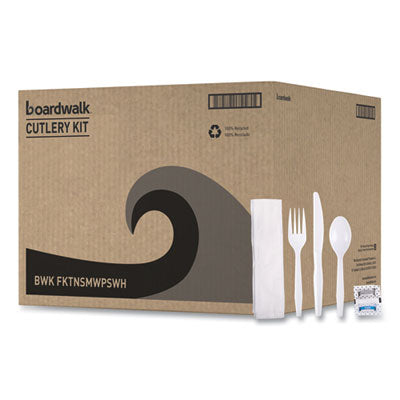 BWKFKTNSMWPSWH Six-Piece Cutlery Kit, Mediumweight, Fork/Knife/Napkin/Pepper/Salt/Spoon, Plastic, White, 250/Carton BOARDWALK