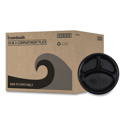 BWKPLTHIPS10BL3 Hi-Impact Plastic Dinnerware, 3-Compartment Plate, 10" dia, Black, 125/Sleeve, 4 Sleeves/Carton