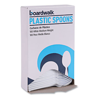 BWKSPOONMWPSBX Mediumweight Polystyrene Cutlery, Spoon, Plastic, White, 100/Box BOARDWALK