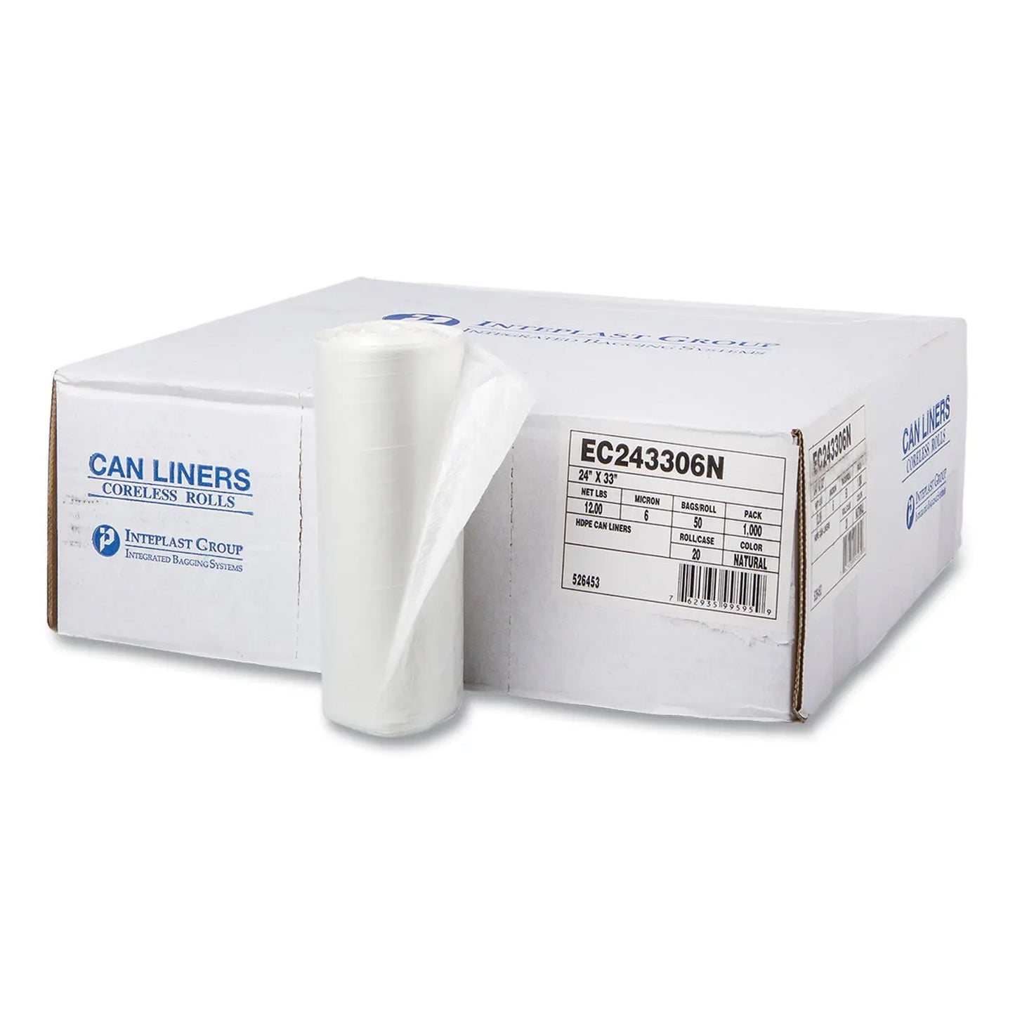 IBSEC243306N High-Density Commercial Can Liners, 16 gal, 6 mic, 24" x 33", Natural, Perforated Roll, 50 Bags/Roll, 20 Rolls/Carton Inteplast Group