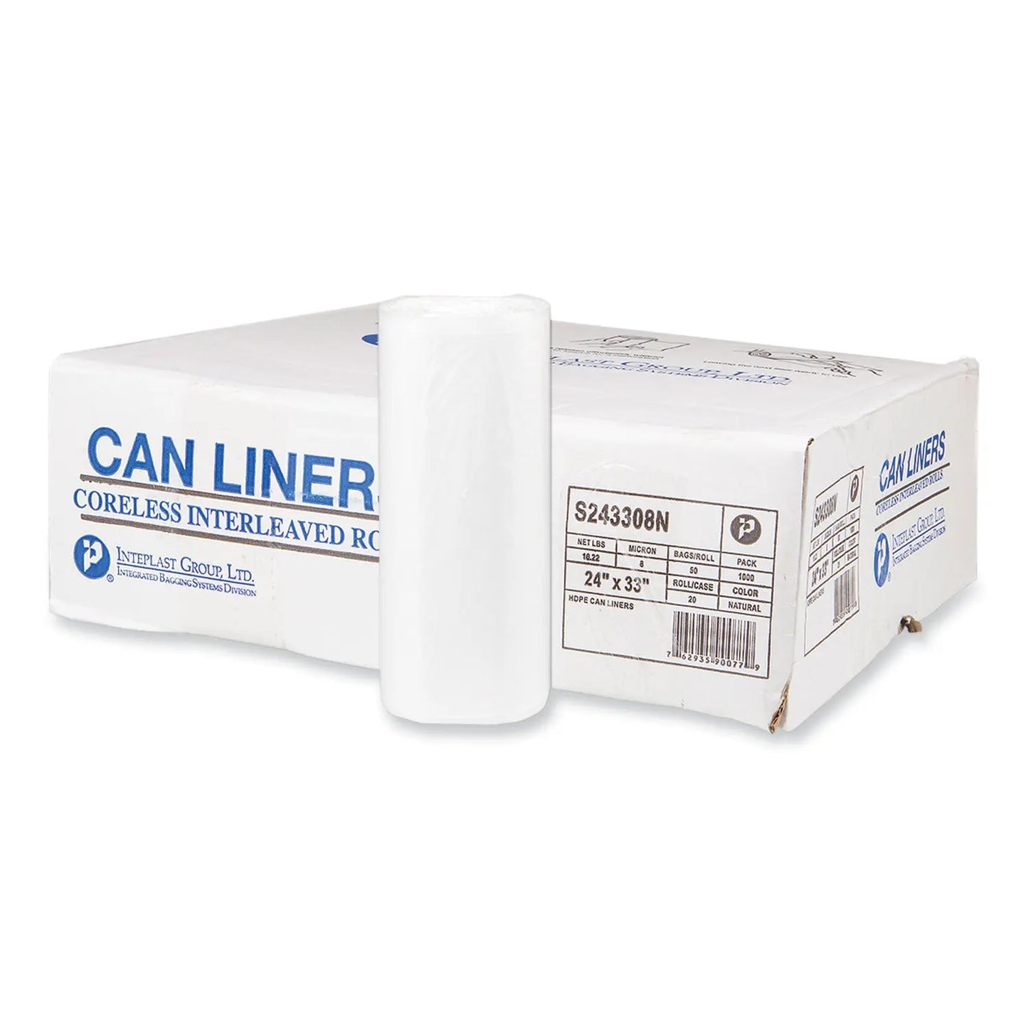 IBSS243308N High-Density Commercial Can Liners, 16 gal, 8 mic, 24" x 33", Natural, Interleaved Roll, 50 Bags/Roll, 20 Rolls/Carton Inteplast Group