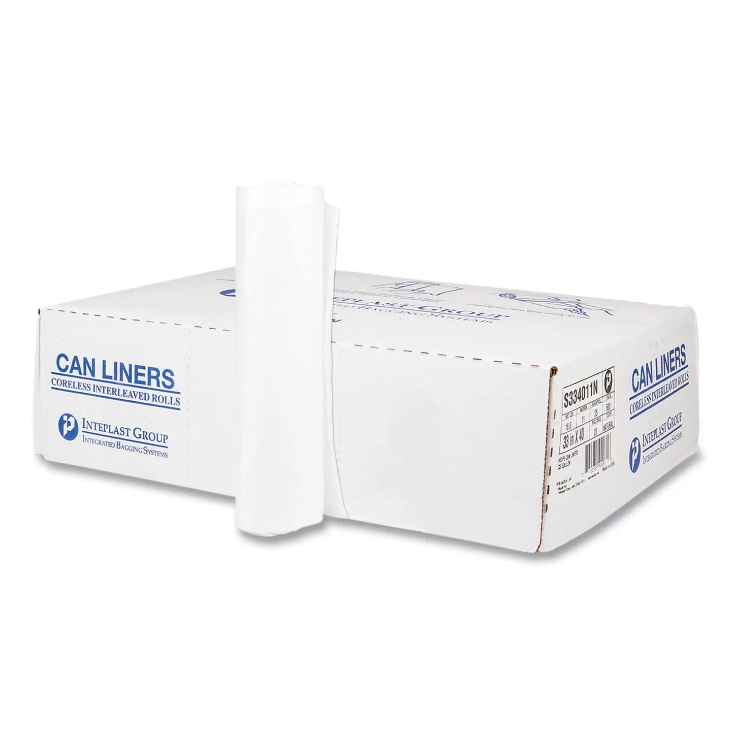 IBSS334011N High-Density Commercial Can Liners, 33 Gal, 11 mic, 33" x 40", Clear, Interleaved Roll, 25 Bags/Roll, 20 Rolls/Carton Inteplast Group