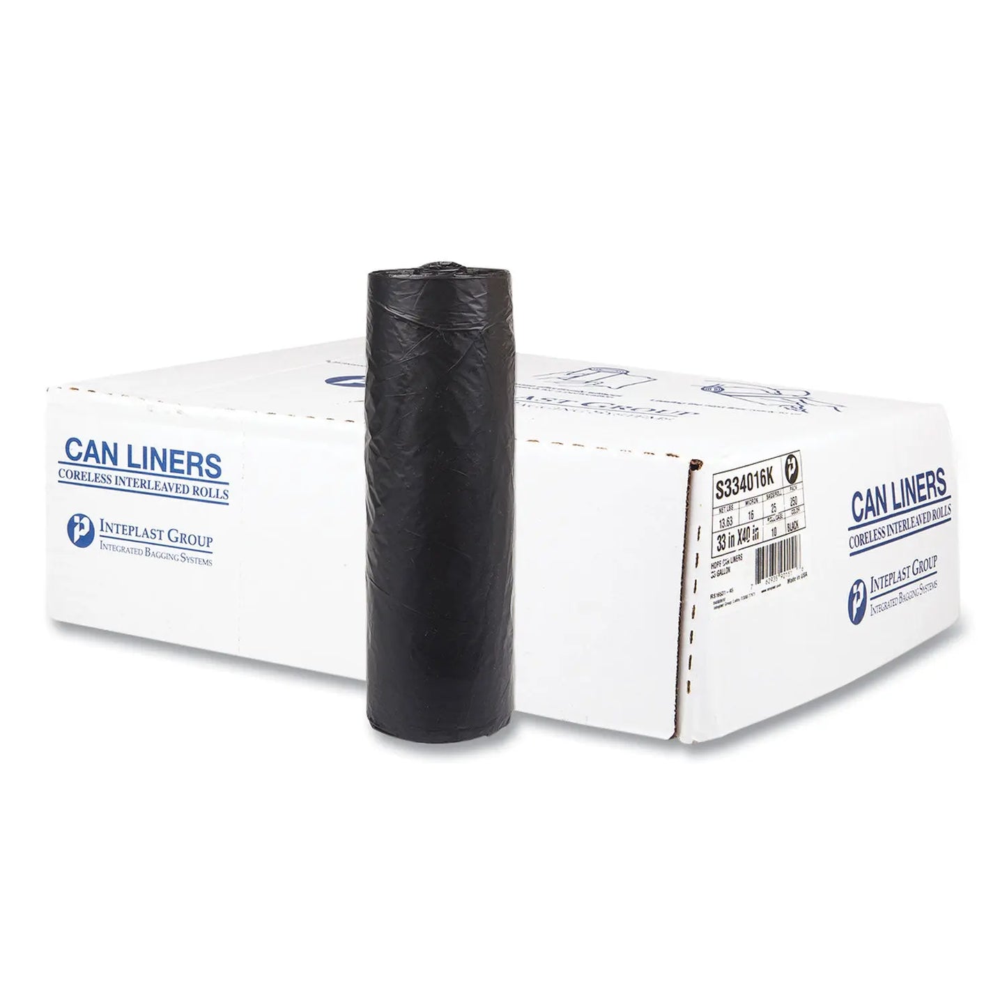 IBSS334016K High-Density Commercial Can Liners, 33 Gal, 16 mic, 33" x 40", Black, Interleaved Roll, 25 Bags/Roll, 10 Rolls/Carton Inteplast Group