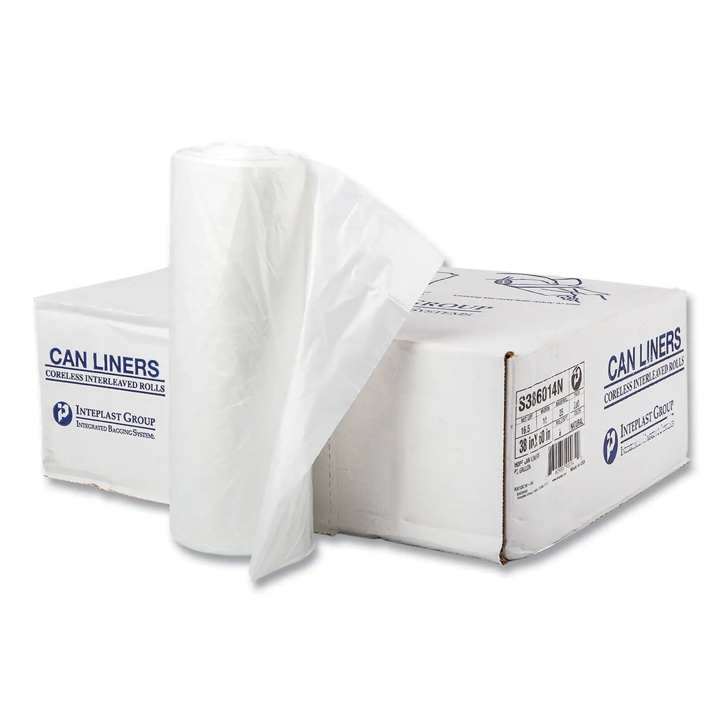 IBSS386014N High-Density Commercial Can Liners, 60 gal, 14 mic, 38" x 60", Clear, Interleaved Roll, 25 Bags/Roll, 8 Rolls/Carton Inteplast Group