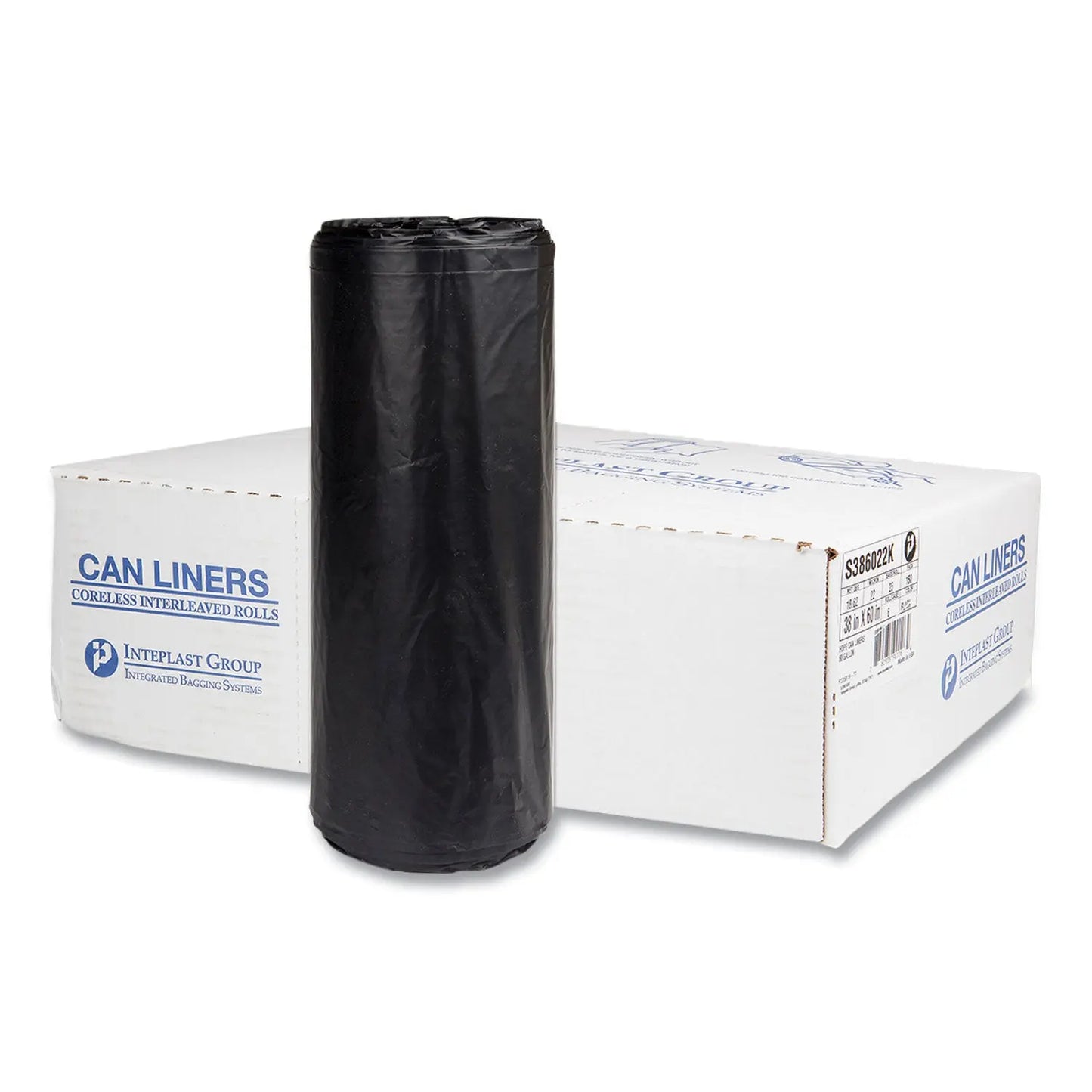 High-Density Commercial Can Liners, 60 gal, 22 mic, 38" x 60", Black, Interleaved Roll, 25 Bags/Roll, 6 Rolls/Carton Inteplast Group