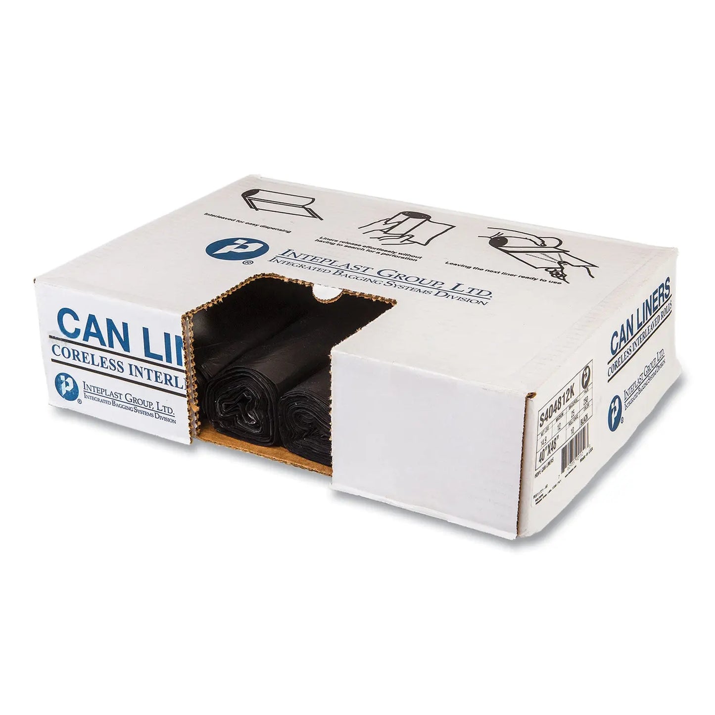 IBSS404812K High-Density Commercial Can Liners, 45 gal, 12 mic, 40" x 48", Black, Interleaved Roll, 25 Bags/Roll, 10 Rolls/Carton Inteplast Group