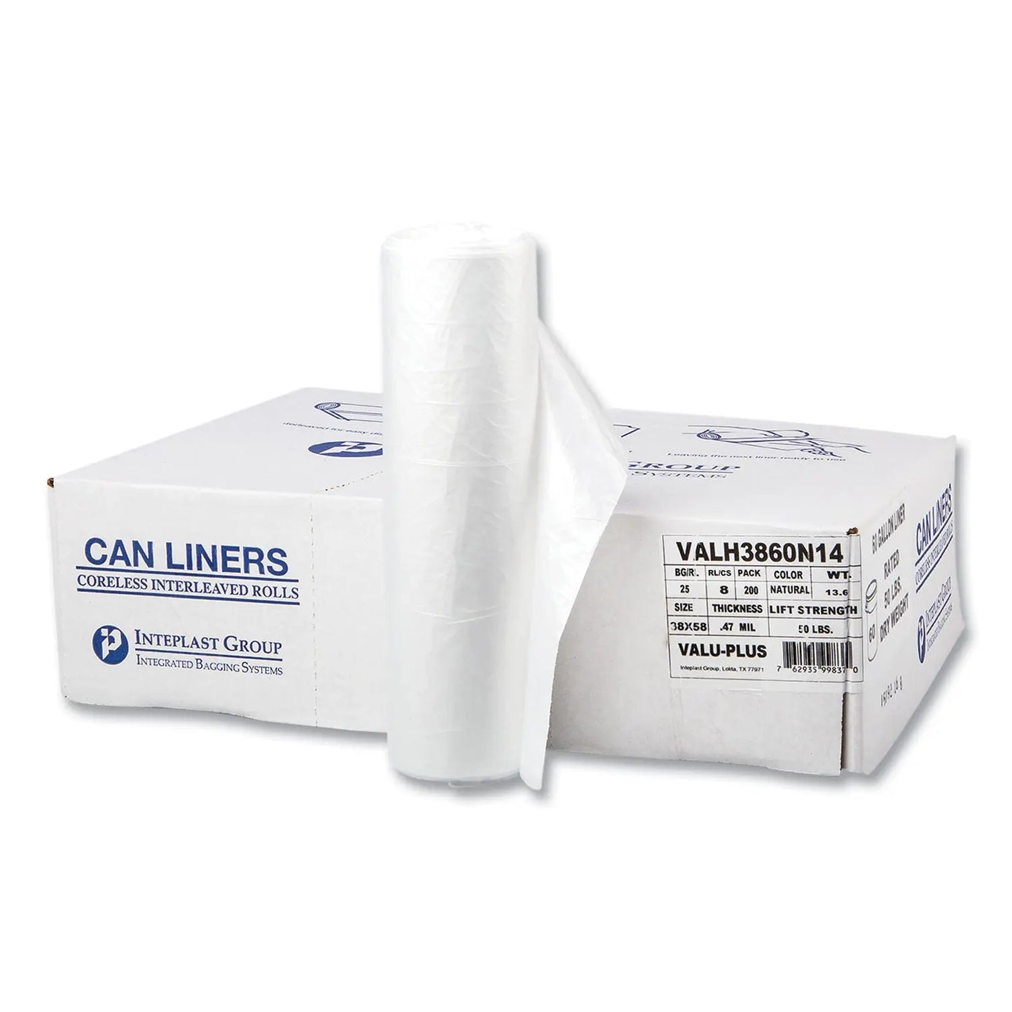 IBSVALH3860N14 High-Density Commercial Can Liner Value Pack, 60 Gal, 12 mic, 38" x 58", Clear, Interleaved Roll, 25 Bags/Roll, 8 Rolls/CT Inteplast Group