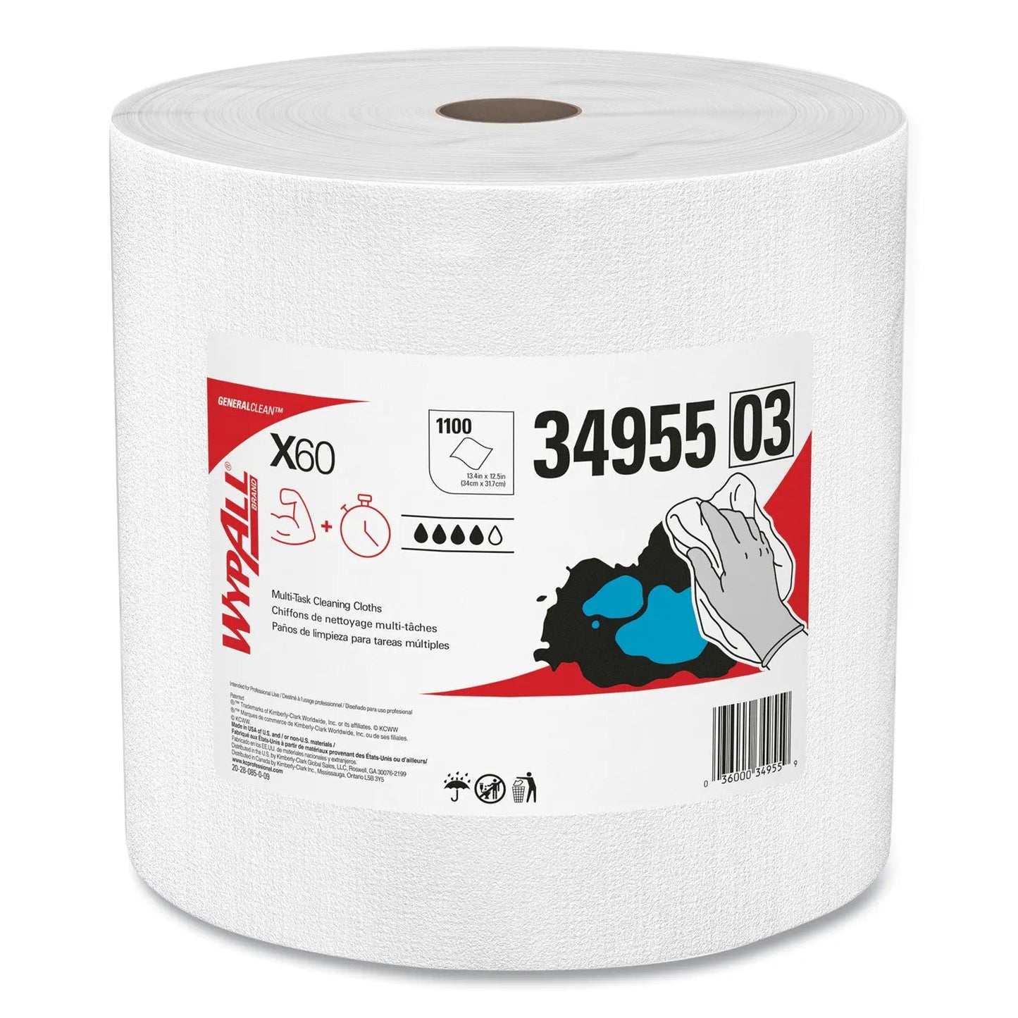 KCC34955 General Clean X60 Cloths, Jumbo Roll, 12.2 x 12.4, White, 1,100/Roll WypAll