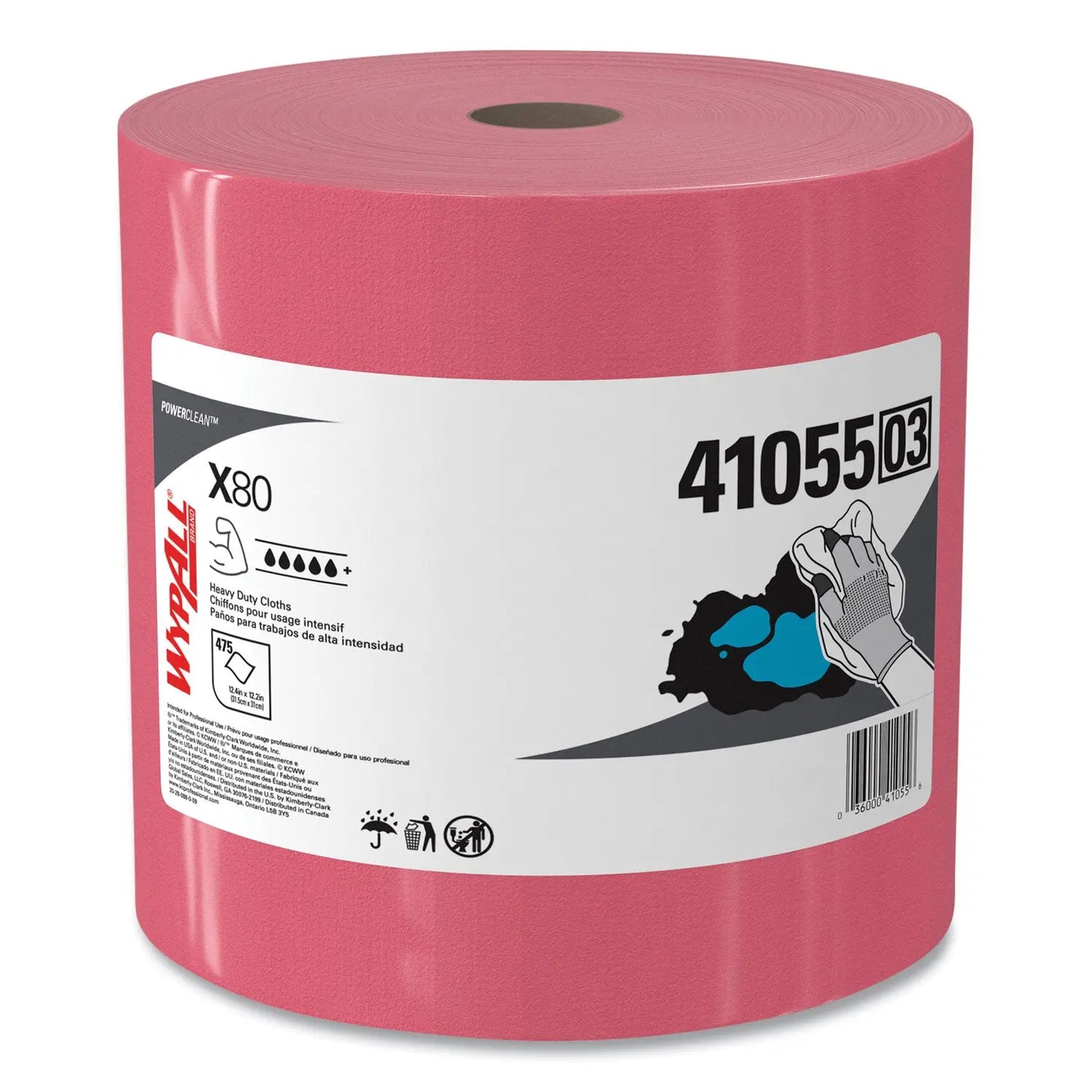 KCC41055 Power Clean X80 Heavy Duty Cloths, Jumbo Roll, Perforated,12.4 x 12.2, Red, 455 Wipers/Roll WypAll