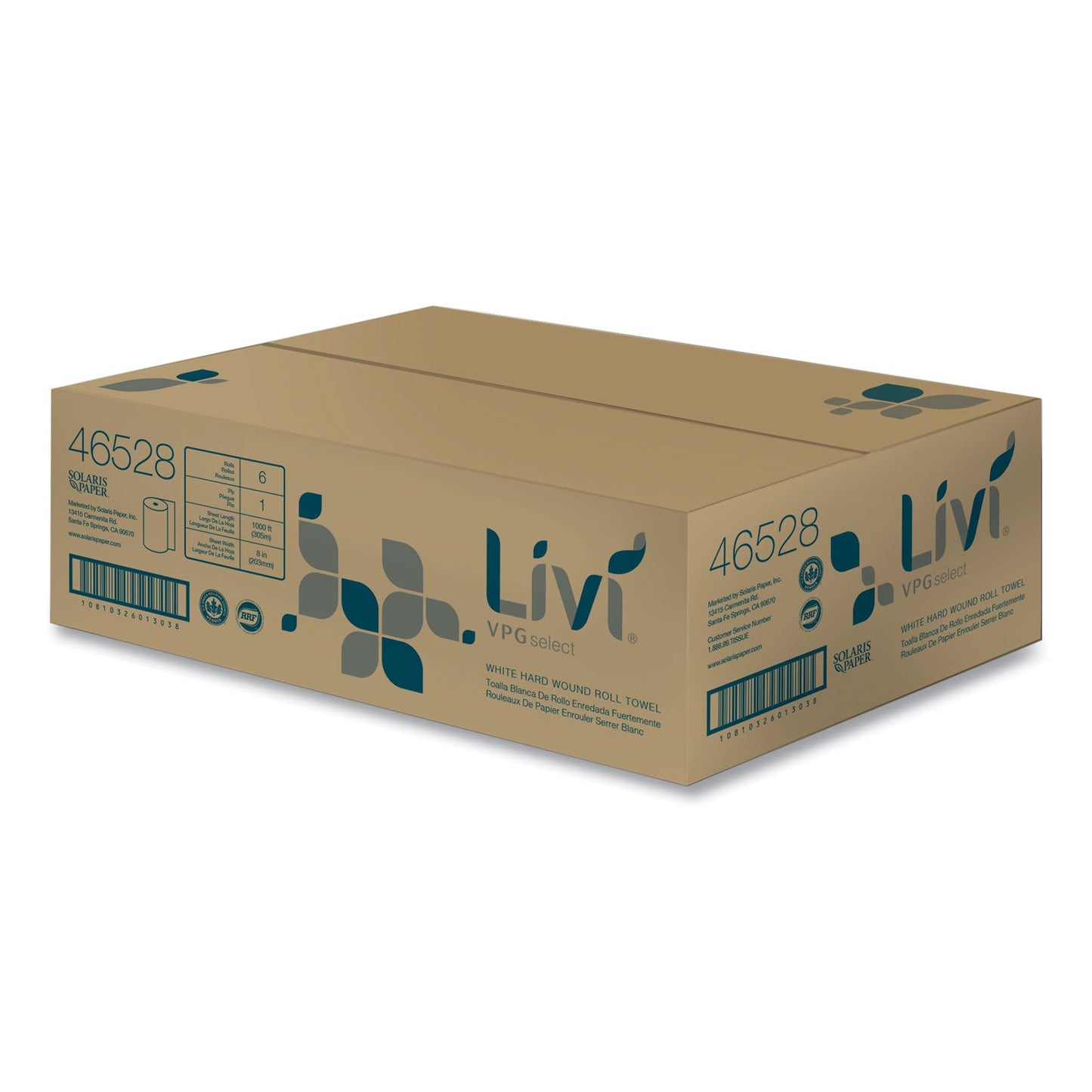 SOL46528 Hard Wound Roll Towel, 1-Ply, 8" x 1,000 ft, White, 6 Rolls/Carton Livi VPG Select