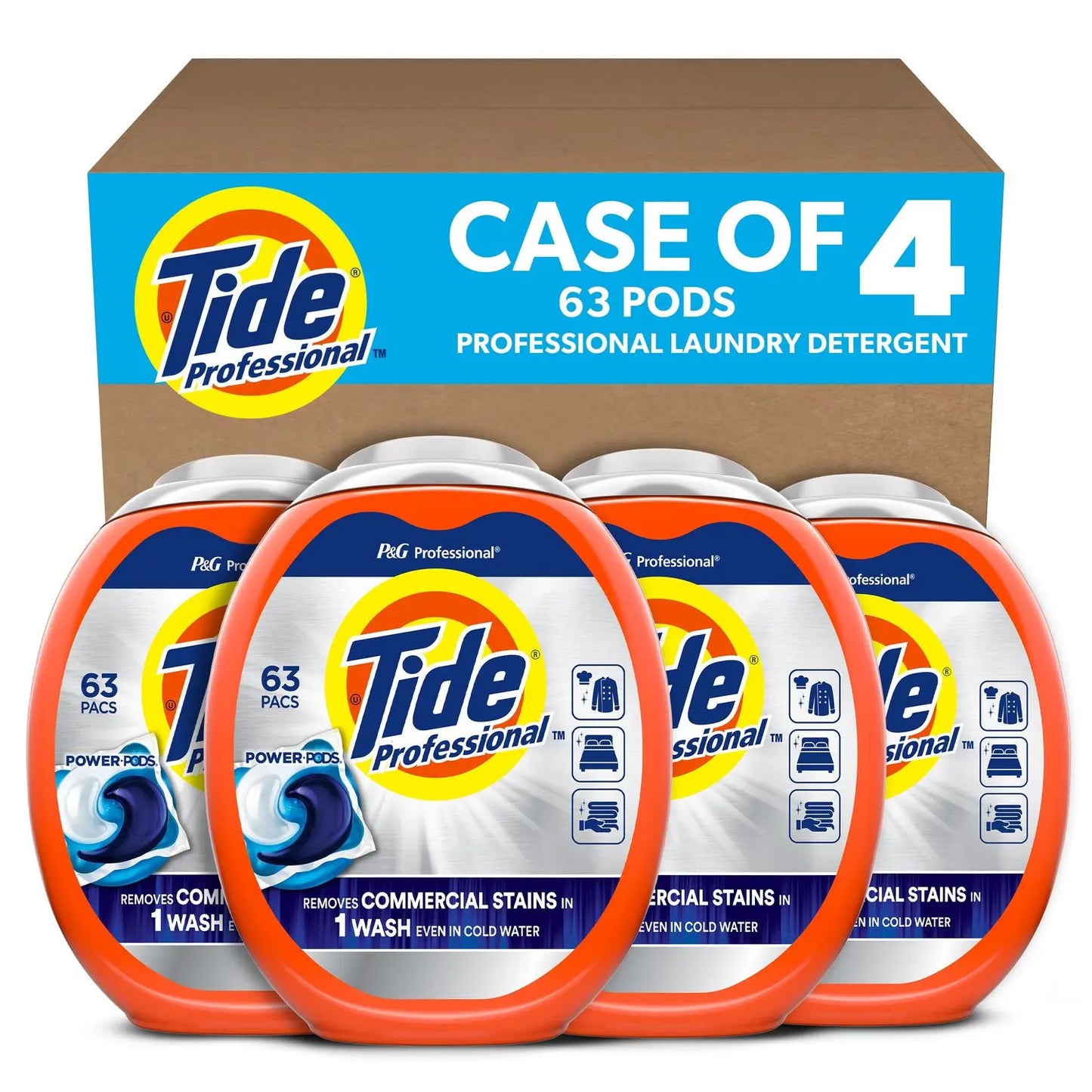PGC14117 Commercial Power PODS Laundry Detergent, HE Compatible, 63 Liquid Pods/Tub, 4 Tubs/Carton Tide Professional