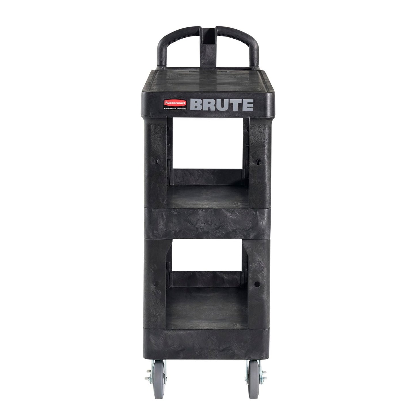 RCP2203280 BRUTE 3-Shelf Heavy-Duty Ergo Flat Utility Cart, Plastic, 3 Shelves, 600 lb Capacity, 25.24" x 48.63" x 46.18", Black RUBBERMAID COMMERCIAL PROD.