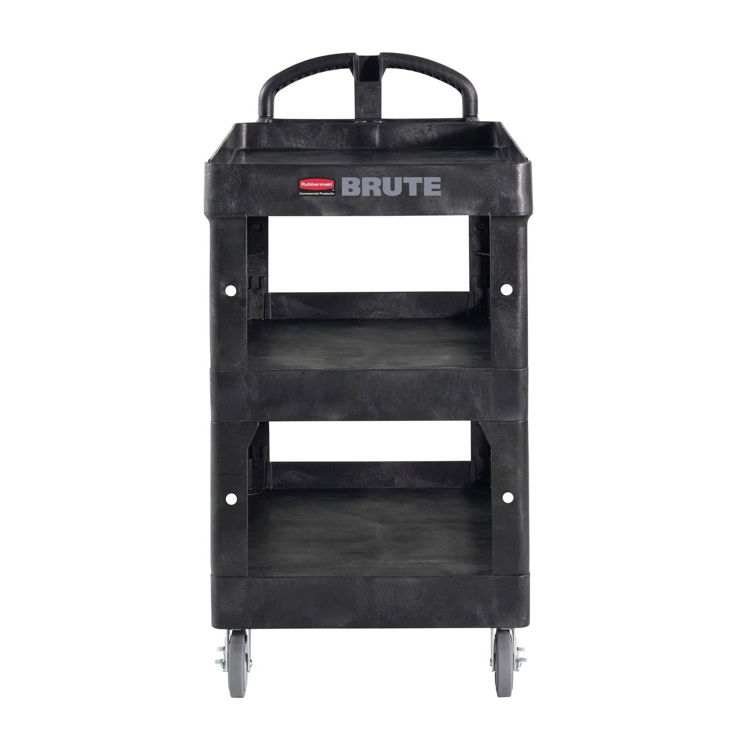RCP2196862 BRUTE 3-Shelf Heavy-Duty Ergo Lipped Utility Cart, Resin, 3 Shelves, 600 lb Capacity, 25.24" x 44" x 47", Black RUBBERMAID COMMERCIAL PROD.